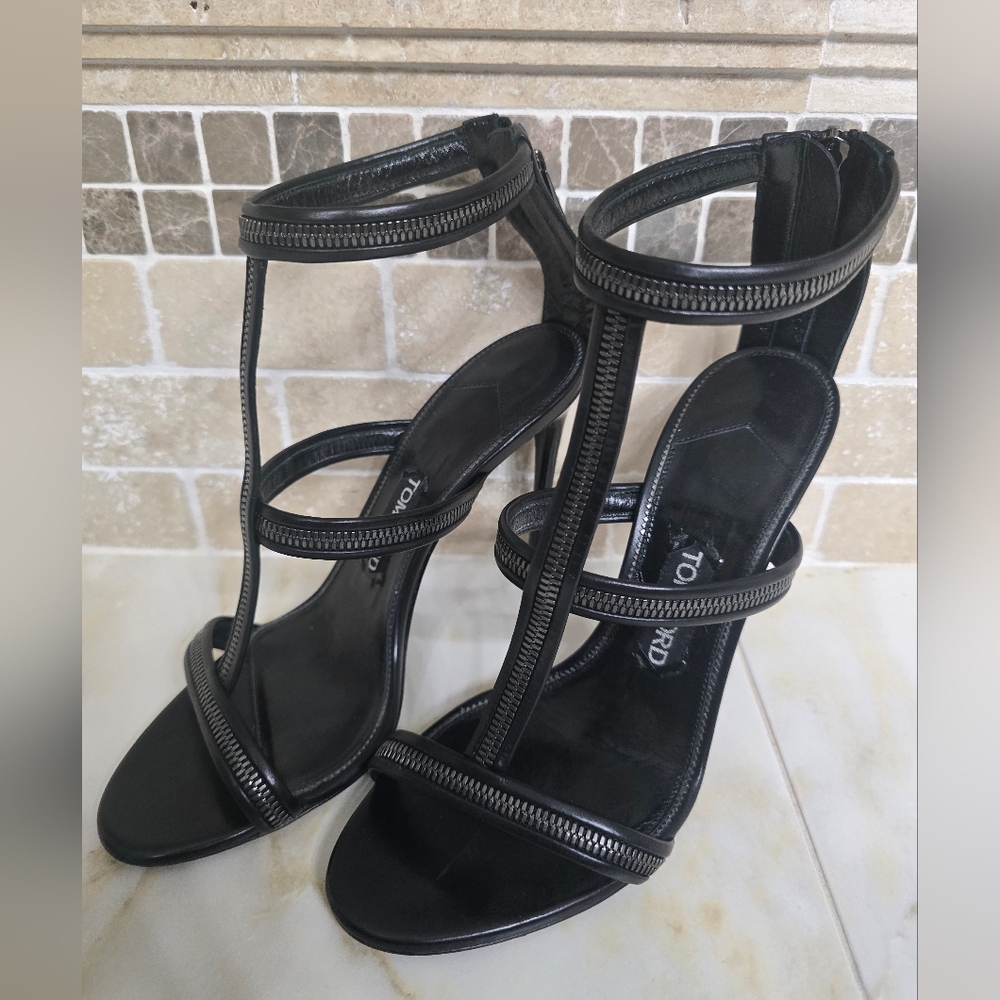 Tom Ford Zipper T-Strap Sandal Heel, BlackBrand: TOM FORD